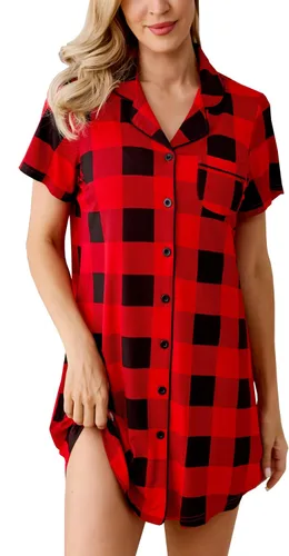 Vista 161 de Samring Camisón de pijama para mujer, manga corta/larga, con botones, camisón para dormir, camisón para novio, talla XXL