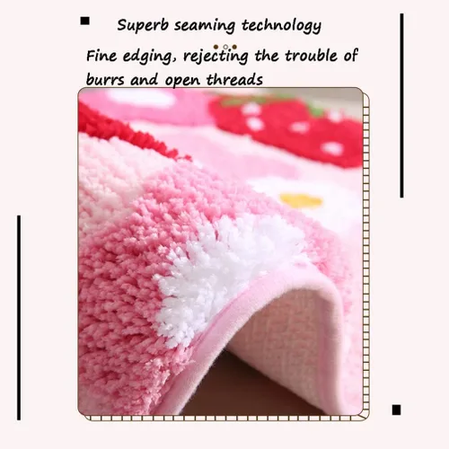 Vista 7 de Tapete de baño suave y acogedor con diseño de fresa, antideslizante, lavable, tapete lanudo para dormitorio, tapete absorbente de flores, tapete