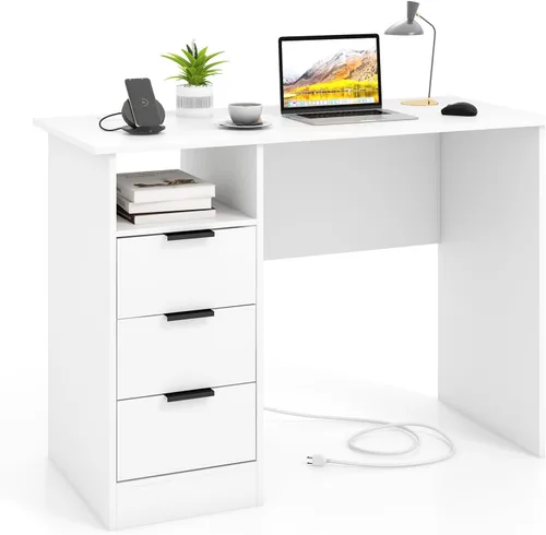 Vista 12 de GIANTEX - Escritorio para computadora con 2 cajones, escritorio de madera para oficina en casa de 43 pulgadas con estación de carga, escritorio