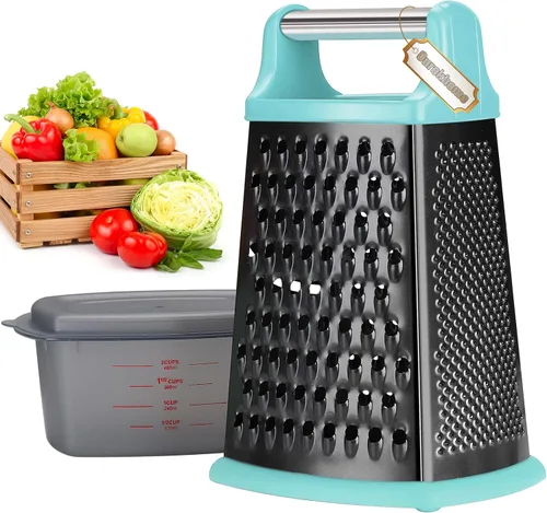 Vista 10 de Ourokhome Rallador de queso, rallador de caja de mano con recipiente y tapa, acero inoxidable de 4 lados para cocina, juliena ondulada, rebanadora