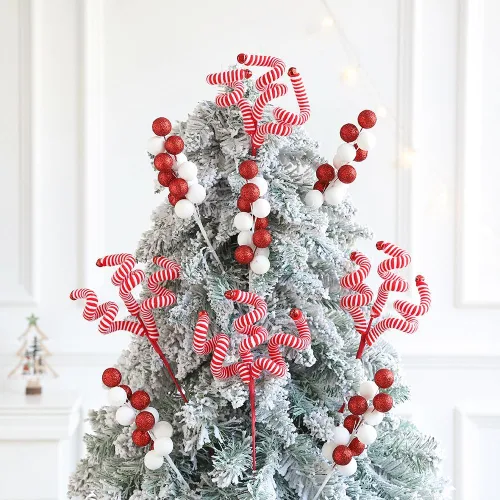 Vista 6 de 6 piezas de adornos para árbol de Navidad, varillas de lana rojas y blancas con lentejuelas y esferas colgantes para árbol de Navidad, adornos