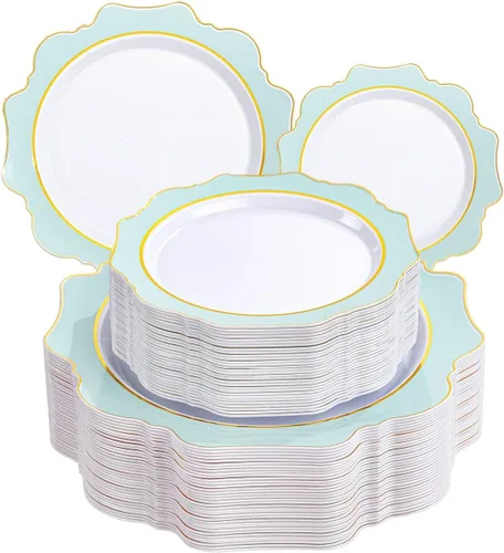 Vista 9 de WDF 100 piezas de platos de plástico azul - Platos desechables azul claro - Platos de plástico con borde festoneado resistente