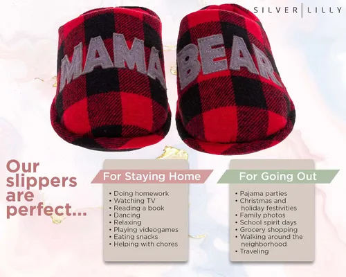 Vista 5 de Pantuflas mullidas para mamá, Pappa, Lil Bear para mujeres, hombres y niños, zapatos de casa a cuadros para interiores y exteriores, suela dura