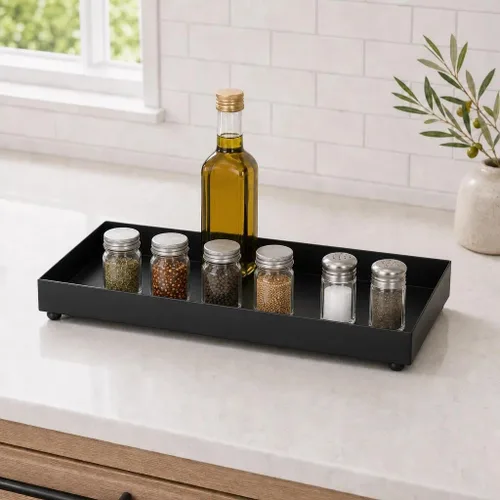 Vista 3 de Bandeja rectangular de metal negro mate, ideal para portavelas, proyectos de decoración de tocador, bandeja de tanque de inodoro de baño