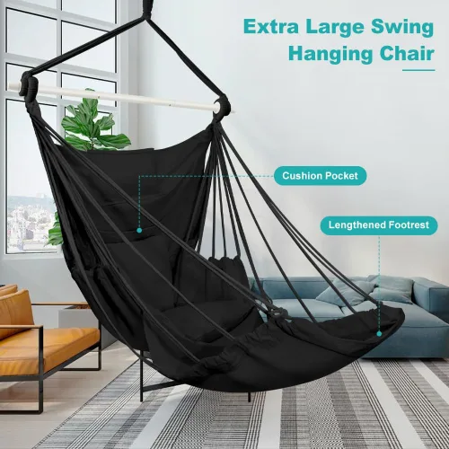 Vista 2 de Outerman Silla tipo hamaca, silla colgante con 3 cojines y soporte para los pies, barra separadora de metal resistente con un máximo de 500 libras