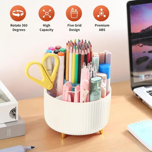 Vista 2 de Soporte para Lápices y Bolígrafos de Escritorio, Organizador Giratório de 5 Ranuras de 360° para Escritorio, Organizador de Suministros de Papelería