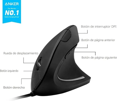 Vista 2 de Anker CE100 mouse vertical alámbrico con cable USB, óptico y ergonómico de 1000 a 1600 ppp con 5 botones