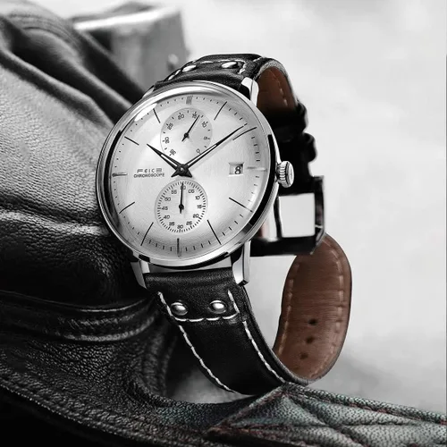 Vista 3 de FEICE Reloj mecánico automático para hombre, de acero inoxidable, correa de cuero, analógico, curvado, acabado cepillado, estilo casual