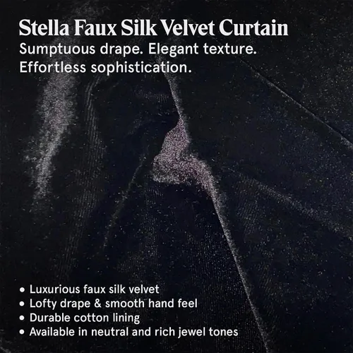 Vista 2 de Cortinas de terciopelo de seda sintética HiEnd Accents Stella, cortinas con bolsillo para barra, 48x108 pulgadas, negras, estilo romántico