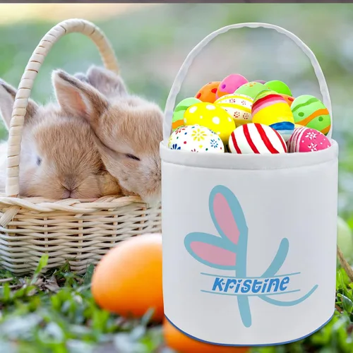 Vista 5 de Cesta de Pascua personalizada con nombre, bolsas de lona personalizadas para niños, cestas de Pascua para bebés, niños y niñas, color azul