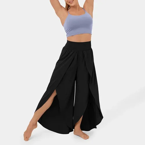 Vista 6 de Pantalones fluidos para mujer, pantalones casuales de pierna ancha con abertura, talla grande, bohemio, cintura alta, para yoga, hippie, pilates