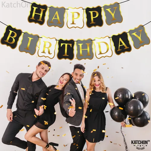 Vista 8 de KatchOn, Cartel de feliz cumpleaños negro y dorado, 10 pies, NO DIY, telón de fondo de feliz cumpleaños, decoraciones de feliz cumpleaños