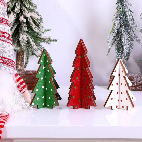 Vista 6 de Yookeer Decoración Navideña 3 Piezas Mesa de Madera Rústica Árbol de Navidad Granja Centro de Mesa de Madera Navideño para Mesa Pequeña Árboles