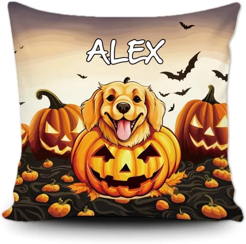 Vista 8 de Funda de almohada personalizada de Halloween, diseño de calabaza, lindo cachorro, funda decorativa de lona para sofá, 16 x 16 pulgadas, estampado