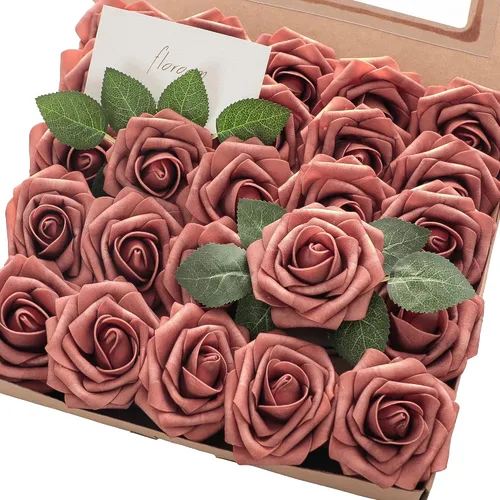 Vista 23 de Floroom Flores artificiales, 25 piezas de rosas falsas de espuma dorada antigua de aspecto real con tallos para ramos de boda DIY, centros de mesa