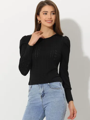 Vista 3 de Allegra K Camisetas casuales de manga larga abombadas con cuello redondo y corte ajustado para mujer