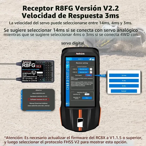 Vista 4 de Radiolink 3 ms Latencia 1,968.5 ft R8FG V2.2 8CH Gyro Receptor 2 unids para control remoto RC