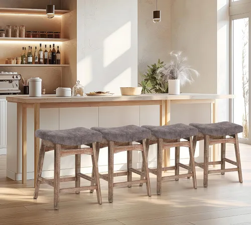 Vista 17 de Taburete de bar gris de madera maciza para encimera de cocina, taburete de bar con asiento de cuero sintético, taburete tapizado para isla de 34 a