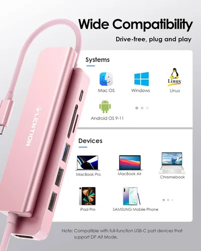 Vista 5 de LENTION Hub USB C 7 en 1, HDMI 4K a 60Hz, PD de 100 W, lector de tarjetas Oro Rosa