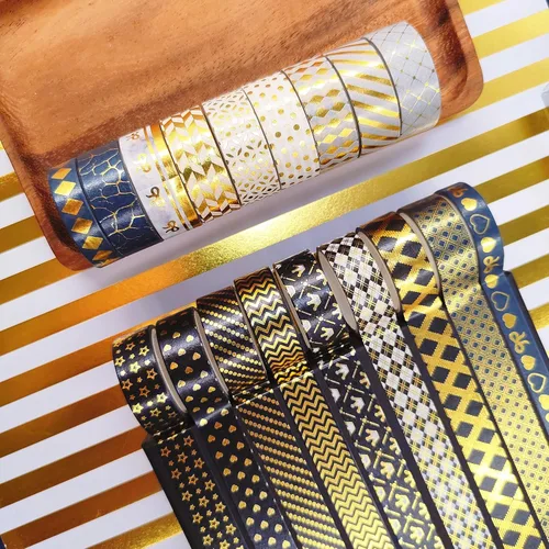 Vista 6 de YUBBAEX Juego de 18 Rollos de Cinta Washi Negra Dorada con Patrones Básicos de Impresión Dorada, Cintas Decorativas para Artes, Manualidades DIY