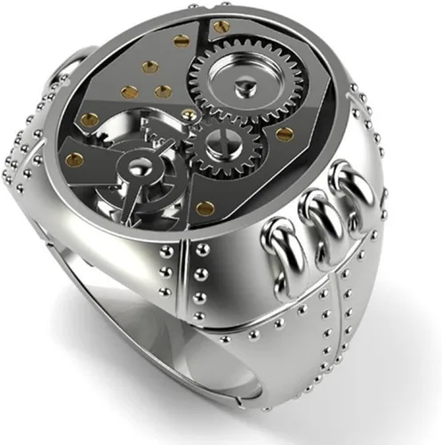 Vista 3 de LRGKMCWTOB Anillo universal de plata de ley 925 con personalidad mecánica Steampunk para hombres y mujeres, anillo universal de compromiso retro