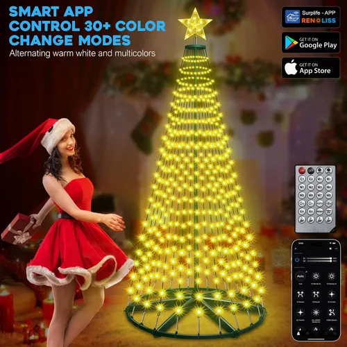 Vista 8 de Árbol de Cono de Navidad Preiluminado Inteligente de 30+ Modos con Luces - 7.5 pies 411 LED Control por App Espectáculo de Luces que Cambian
