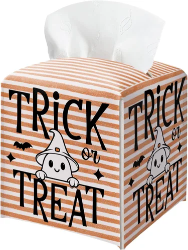 Vista 10 de Soporte para caja de pañuelos de Halloween con tapa cuadrada de cuero negro, organizador de papel facial, dispensador de papel higiénico para baño