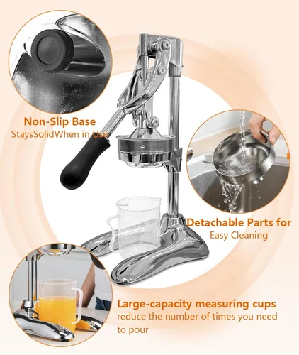 Vista 5 de Exprimidor manual profesional de mano – Exprimidor de cítricos de acero inoxidable resistente para naranja, limón y granada con base estable y taza