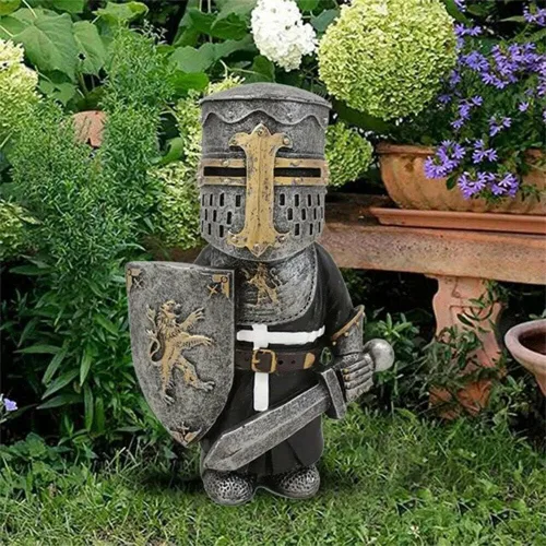 Vista 2 de Estatua de caballero de jardín, figuras de caballero de jardín, gnomos, decoraciones medievales, templarios, cruzados, guardia, armadura