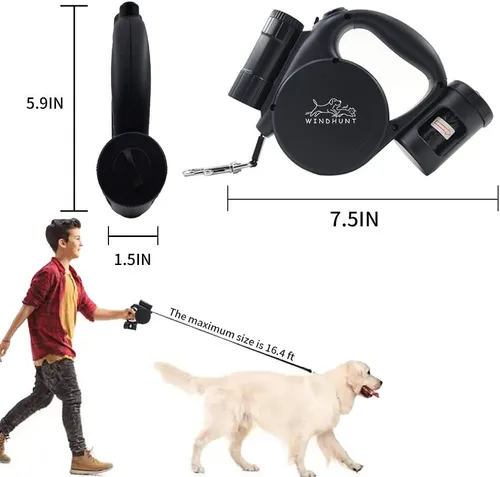 Vista 2 de Correa retráctil para perro de 360° sin enredos con linterna, dispensador y bolsa de excrementos, cinta de nailon resistente para perros pequeños