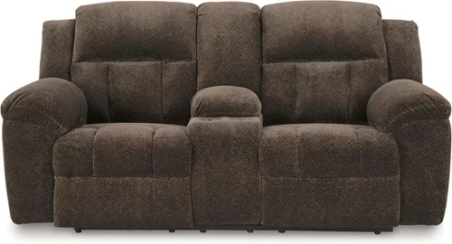Vista 9 de Signature Design by Ashley Frohn - Sofá biplaza reclinable doble manual moderno con consola, almacenamiento y portavasos, color marrón oscuro