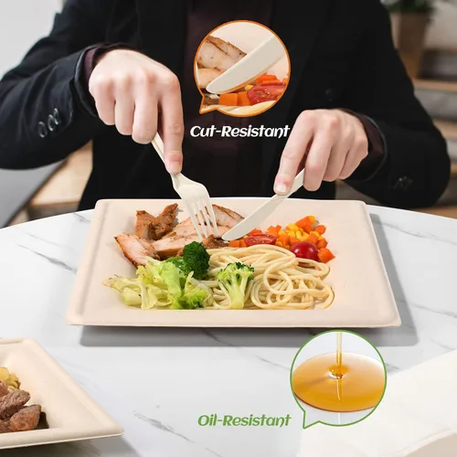 Vista 4 de Juego de platos de papel compostables para fiestas, 300 unidades, platos cuadrados de papel marrón de 10 y 8 pulgadas, utensilios y servilletas
