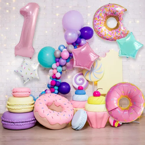 Vista 4 de Decoraciones de dona para el primer cumpleaños, suministros de decoración de fiesta de cumpleaños para niñas, 40 pulgadas, color rosa, 6 globos