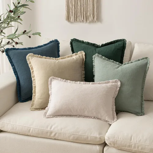 Vista 5 de MIULEE Juego de 2 fundas de almohada decorativas de lino neutro con flecos, fundas de cojín de estilo bohemio con borlas para sofá, cama, sala
