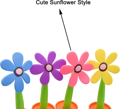 Vista 3 de Maydahui Juego de 4 bolígrafos de flores con soporte para macetas en el escritorio, bonito diseño creativo colorido para fiesta de estudiantes, día