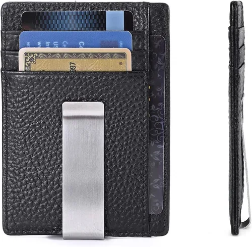 Vista 8 de Cartera para hombre, pequeña cartera de bolsillo frontal con bloqueo RFID, billetera delgada de cuero de grano superior, cartera de viaje delgada