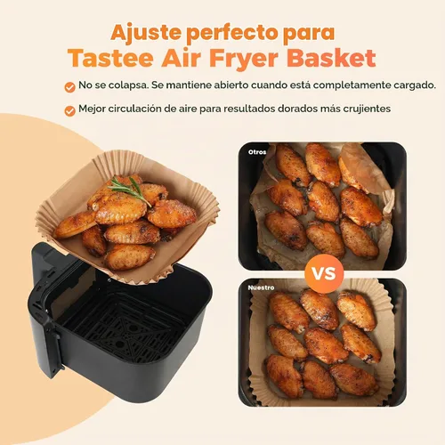 Vista 2 de Forros de freidora de aire Tastee 100 piezas - Diseño para cestas de freidora de aire de 3-6QT, forros de papel desechables absorbentes de aceite