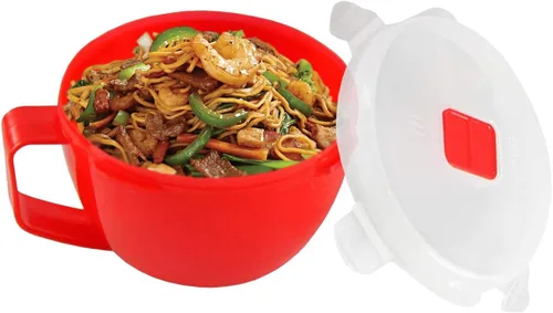 Vista 2 de Home-X Juego de 2 cuencos para microondas con tapa, tazón de ramen apto para microondas con ventilación de liberación de vapor y clips de fácil