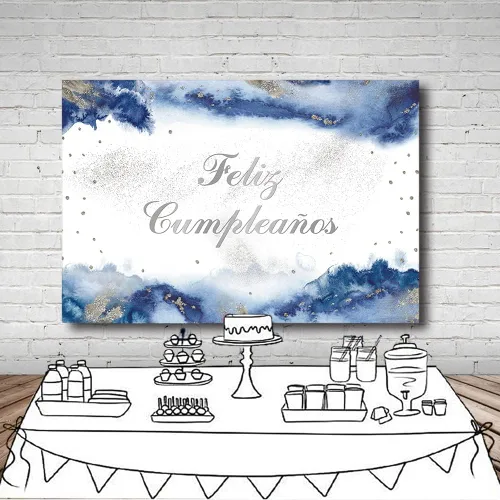 Vista 4 de MEHOFOND Telón de fondo de feliz cumpleaños de 7 x 5 pies para niño, fiesta mexicana, suministros de decoración de fiesta de feliz cumpleaños, Azul