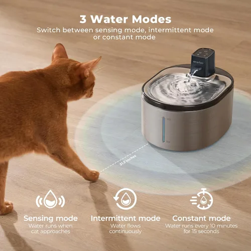 Vista 3 de Smartoo Fuente de agua inalámbrica para gatos de acero inoxidable, fuente para gatos de 152 oz/4.5 L, funciona con pilas, fuente de agua inalámbrica