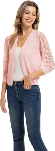 Vista 2 de GRACE KARIN Cárdigan de verano para mujer, ligero, cuello en V, encaje, manga 34, botones frontales