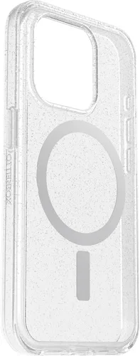 Vista 4 de OtterBox Funda transparente para iPhone 15 Pro (solamente) de la serie Symmetry, polvo de estrellas (transparente/plateado), se acopla a MagSafe