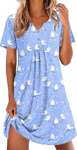Vista 14 de Ekouaer Camisones para mujer de algodón Vestidos de noche Plisados Camisones Henley Cuello en V Camisas de dormir de manga corta Ropa de dormir