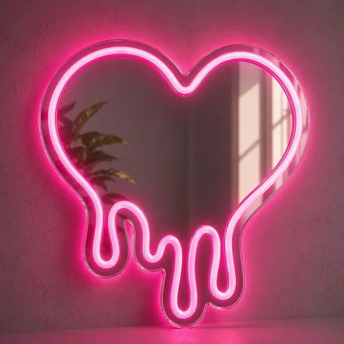 Vista 2 de DECANIT - Espejo de neón de corazón fundido rosa, decoración de pared LED alimentada por USB 12 x 12 in pink LED heart mirror decor, USB powered