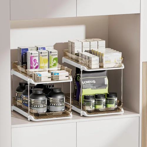 Vista 4 de Delamu Organizadores y Almacenamiento Multiusos de 2 Niveles para Debajo del Fregadero del Baño, Organización Apilable de Despensa de Cocina