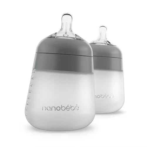 Vista 10 de Nanobebe - Biberón de silicona flexible, anticólicos, sensación natural, pezón que no se derrumba, base estable sin puntas, fácil de limpiar Gris