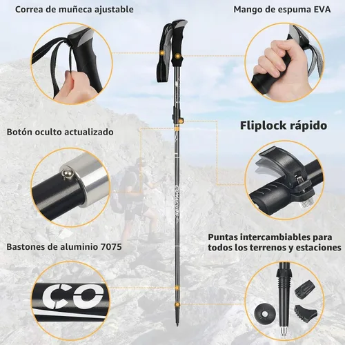 Vista 3 de Covacure Bastones de senderismo plegables de aluminio ligero 7075 bastones Negro (39.4-47.2 in)