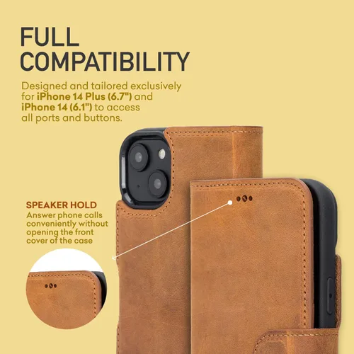 Vista 4 de Bayelon Funda para iPhone 14, funda de cuero de grano completo, [2 en 1], funda magnética desmontable con ranuras para tarjetas, soporte y función