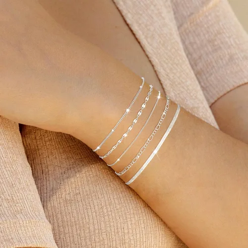Vista 2 de MBW Pulseras de plata para mujer, delicadas pulseras de plata para mujer, juego de pulseras de plata de 14 quilates, impermeables, joyería