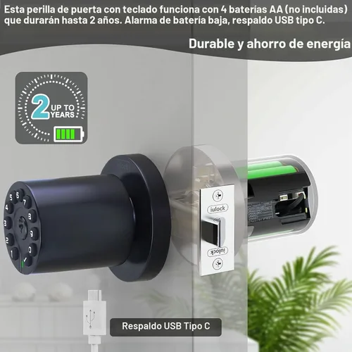 Vista 5 de iulock IU-20 Cerradura de puerta con código, pomo de puerta electrónico con teclado y llave, cerradura automática, resistente al agua, función